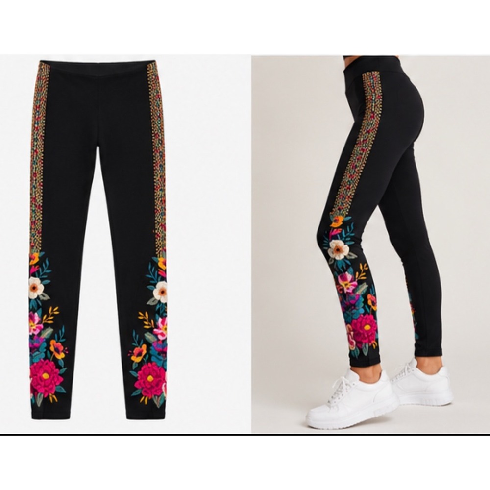JW Los Angeles Black Floral Embroidered Side Stripe Leggings XS